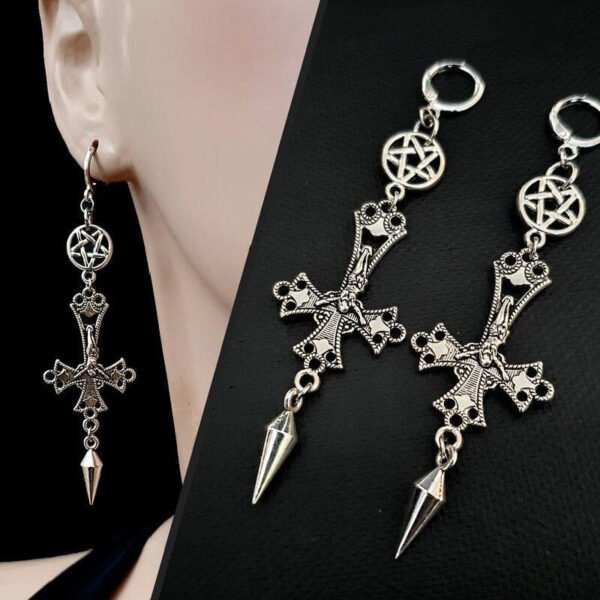 Gothic Inverted Crucifix and Pentagram Earrings with Spikes Inverted Cross Satanic Catholic Upside Down Statement Women Gift