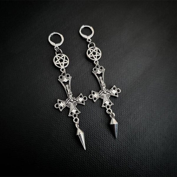 Gothic Inverted Crucifix and Pentagram Earrings with Spikes Inverted Cross Satanic Catholic Upside Down Statement Women Gift