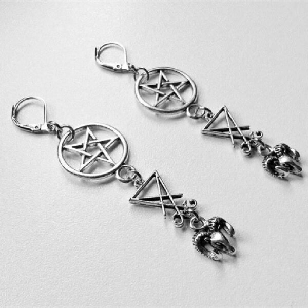 Gothic Inverted Pentagram Sigil of Lucifer Ram Goat Head Earrings Silver Colour Drop Set Halloween Rock Statement Jewelry Women
