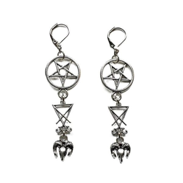Gothic Inverted Pentagram Sigil of Lucifer Ram Goat Head Earrings Silver Colour Drop Set Halloween Rock Statement Jewelry Women