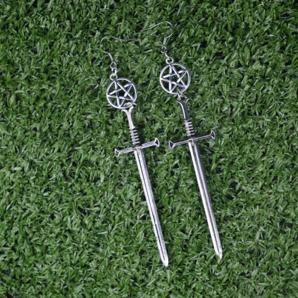 Gothic Silver Triquetra Pentagram Sword Earrings Dagger Drop Earrings Occult Witch Jewelry