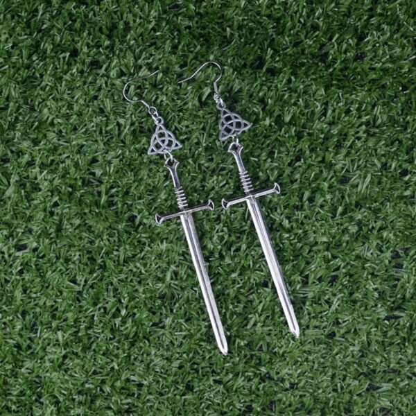 Gothic Silver Triquetra Pentagram Sword Earrings Dagger Drop Earrings Occult Witch Jewelry