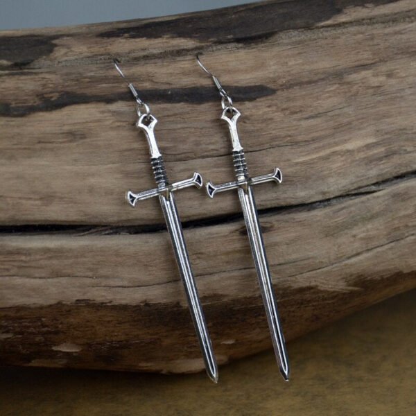 Gothic Silver Triquetra Pentagram Sword Earrings Dagger Drop Earrings Occult Witch Jewelry