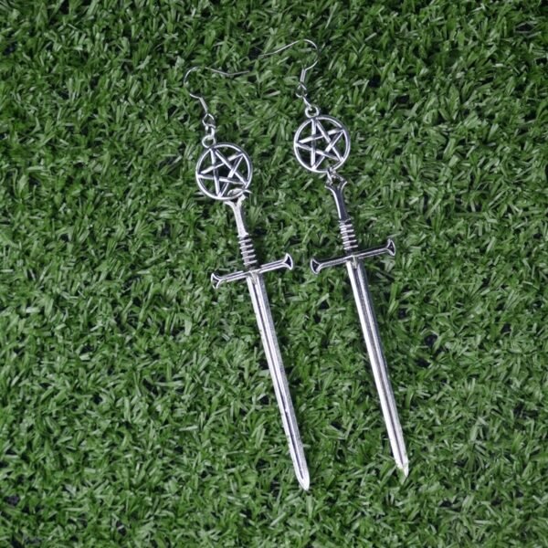 Gothic Silver Triquetra Pentagram Sword Earrings Dagger Drop Earrings Occult Witch Jewelry