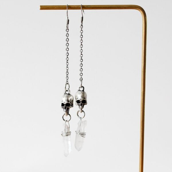 Gothic Skull Tassel Quartz Dangle Earrings Skeleton Pagan Long Earring Witch Jewelry