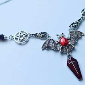 Gothic Vampire Bat Handcrafted Pendant Necklace Blood Red Black Goth Halloween