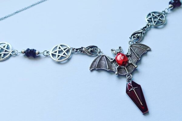 Gothic Vampire Bat Handcrafted Pendant Necklace Blood Red Black Goth Halloween