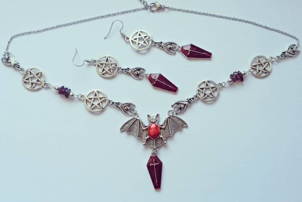 Gothic Vampire Bat Handcrafted Pendant Necklace Blood Red Black Goth Halloween