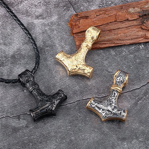 Viking Odin Hammer Anchor Norse Amulet Necklace Gold Genuine Leather Rope Chain Stainless steel Mjolnir Pendant Men Punk Jewelry