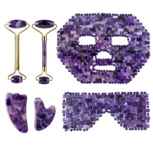 H32b2bc4b72e341ceabe5fded7c0e31954 Purple Crystal Jade Face Mask Gua Sha Scraper Massager Roller Set Natural Amethyst