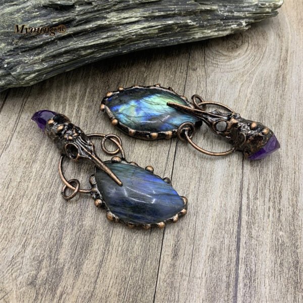 Labradorite Stone Vintage Pendants,Bronze Antique Amethysts Cap Bohemia Necklace