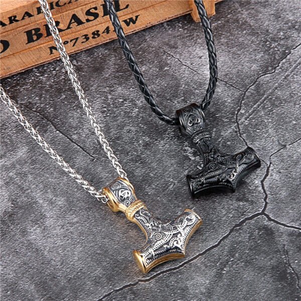Viking Odin Hammer Anchor Norse Amulet Necklace Gold Genuine Leather Rope Chain Stainless steel Mjolnir Pendant Men Punk Jewelry
