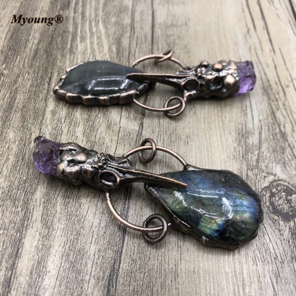 Labradorite Stone Vintage Pendants,Bronze Antique Amethysts Cap Bohemia Necklace