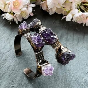 Antique bronze plating wide cuff ring bracelet natural amethyst cluster crystal gemstone adjustable bangle vintage jewelry gifts