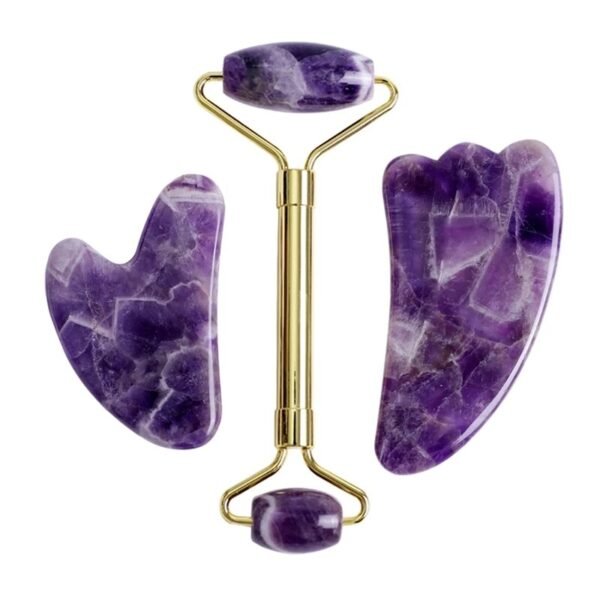 Purple Crystal Jade Face Mask Gua Sha Scraper Massager Roller Set Natural Amethyst