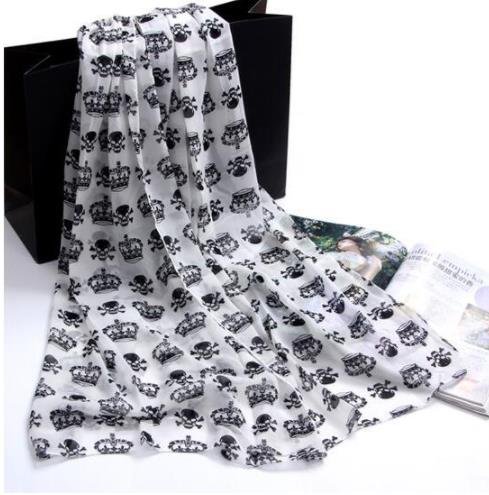 Summer Beach Long Shawl Fahion Skull Print Chiffon Silk Scarf Mulim Hijab