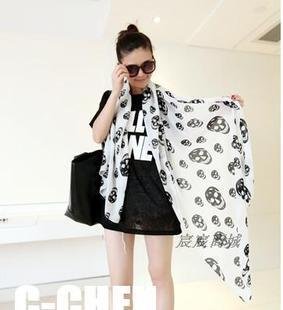 Summer Beach Long Shawl Fahion Skull Print Chiffon Silk Scarf Mulim Hijab