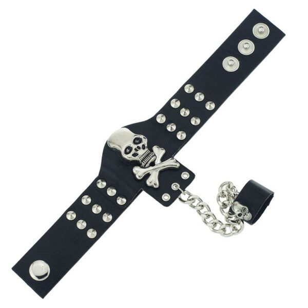 Gothic Skeleton Skull Chain Link Rock Rivet  Cuff  Black Leather Punk Bangle Bracelet