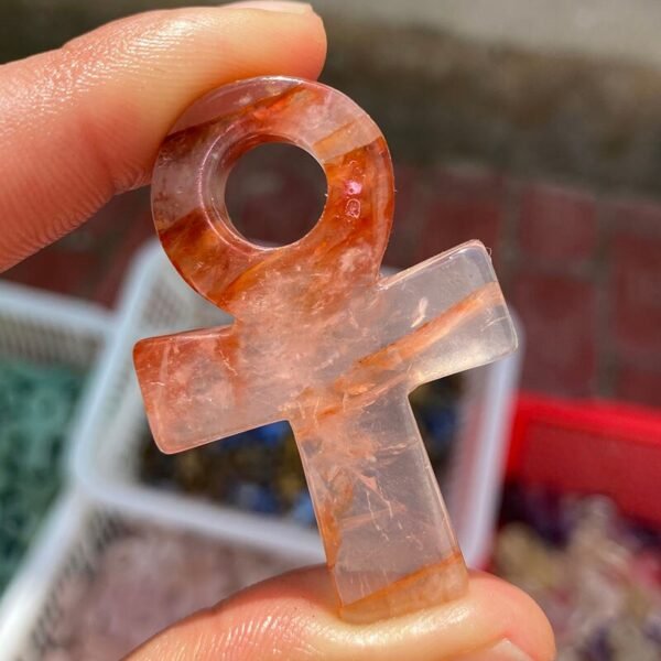 Hand Carved 5 to 6cm Natural Red Fire Quartz Crystal Ankh cross Gemstone Egyptian Key Of Life Ankh For Pendant Necklace