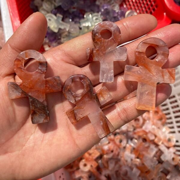 Hand Carved 5 to 6cm Natural Red Fire Quartz Crystal Ankh cross Gemstone Egyptian Key Of Life Ankh For Pendant Necklace