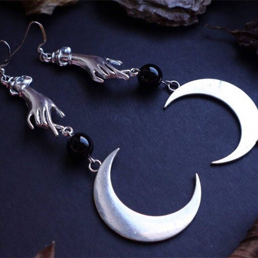 Hand & Moon Stone Gothic Earrings Big Vikings Witchy Medieval Boho Creativity Punk Jewellery Women Fashion Gift