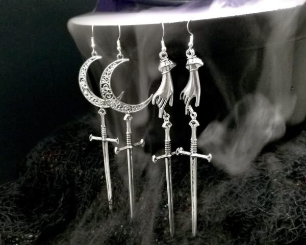 Hand or Moon Sword Earrings - Sword Earrings - Crescent Moon Earrings - Mystic Jewelry - Weird Earrings - Goth Earrings