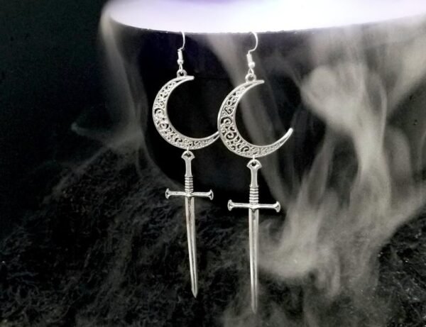Hand or Moon Sword Earrings - Sword Earrings - Crescent Moon Earrings - Mystic Jewelry - Weird Earrings - Goth Earrings