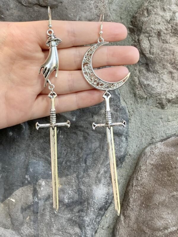 Hand or Moon Sword Earrings - Sword Earrings - Crescent Moon Earrings - Mystic Jewelry - Weird Earrings - Goth Earrings