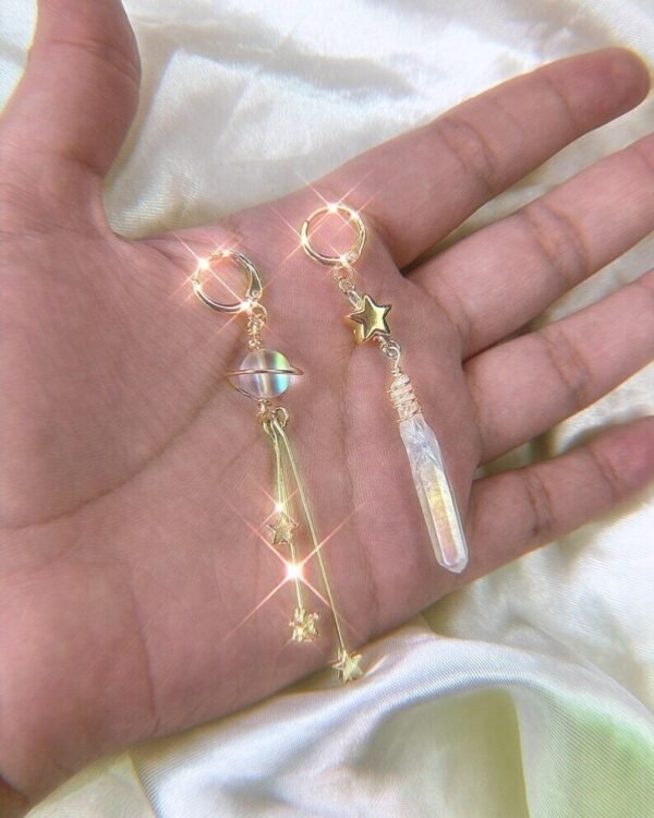 Handmade Boho Aura Quartz with Golden Stars Earrings Woodland Jewelry Gift for Her