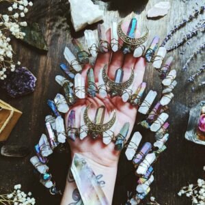 Handmade-Raw-crystal-moon-rainbow-crown-headband-dark-blue-black-witch-accessories-bridal-party-wedding-bridesmaid Magic Wicca~Handmade Raw crystal moon rainbow crown headband dark blue black witch accessories bridal party wedding bridesmaid accessories