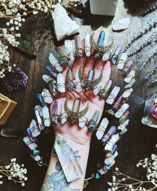 Magic Wicca~Handmade Raw crystal moon rainbow crown headband dark blue black witch accessories bridal party wedding bridesmaid accessories