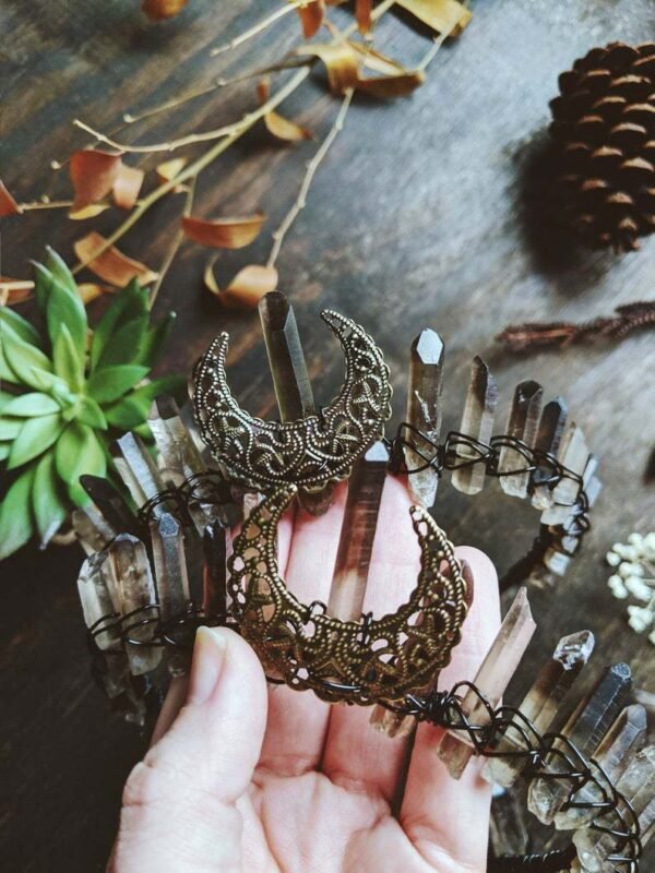 Magic Wicca~Handmade Raw crystal moon rainbow crown headband dark blue black witch accessories bridal party wedding bridesmaid accessories