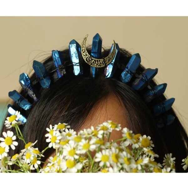 Magic Wicca~Handmade Raw crystal moon rainbow crown headband dark blue black witch accessories bridal party wedding bridesmaid accessories