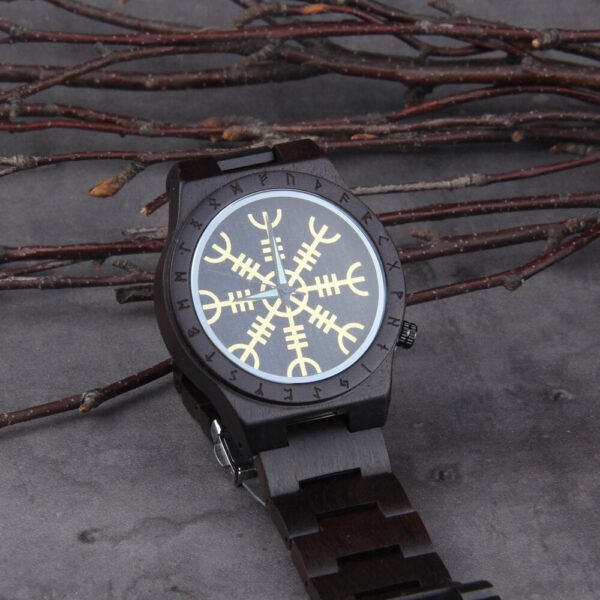 Handmade  Wooden Watches Man Women Runic Circle Watch with Golden Helm of Awe or Vegvisir Quartz Wristwatch Male