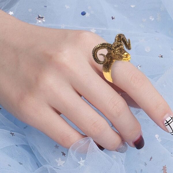 Goat Horn Head Antelope Big Sheep head Ring Satan Worship Baphomet Aries Zodiac Wicca Star Punk Rock Animal Rings Man Jewelry