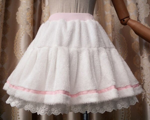 Adult Women Winter Warm Fleece Mini Pleated Pant Skirt Band Waist White Sweet Cute Lolita Skirt Costume For Lady & Preppy Girls