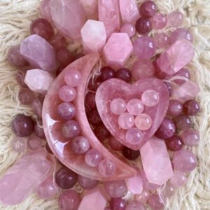 Natural Rose Quartz Bowl Heart Pink Carved Moon Crystal Pentagram
