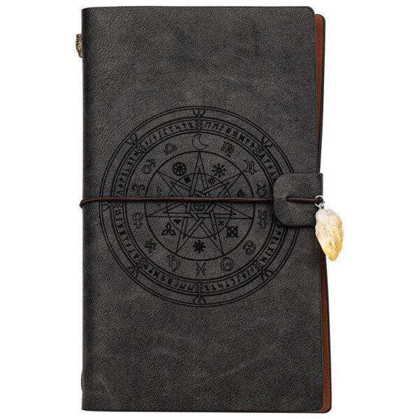 Black magic runes notebook charka blending with natural crystal column