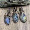 Labradorite Stone Vintage Pendants,Bronze Antique Amethysts Cap Bohemia Necklace