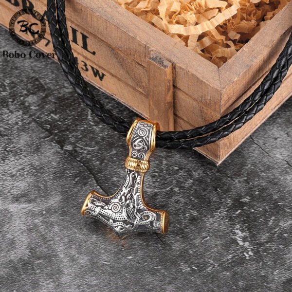 Viking Odin Hammer Anchor Norse Amulet Necklace Gold Genuine Leather Rope Chain Stainless steel Mjolnir Pendant Men Punk Jewelry