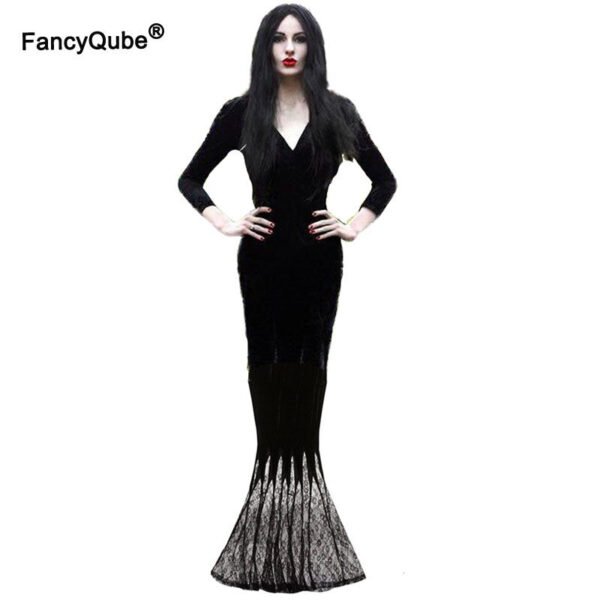 M-3XL Morticia Addams Costume Cosplay Halloween Sexy Gothic Wicked Witch Horror Maxi Lace Floor Dress Mermaid Outfit For Women