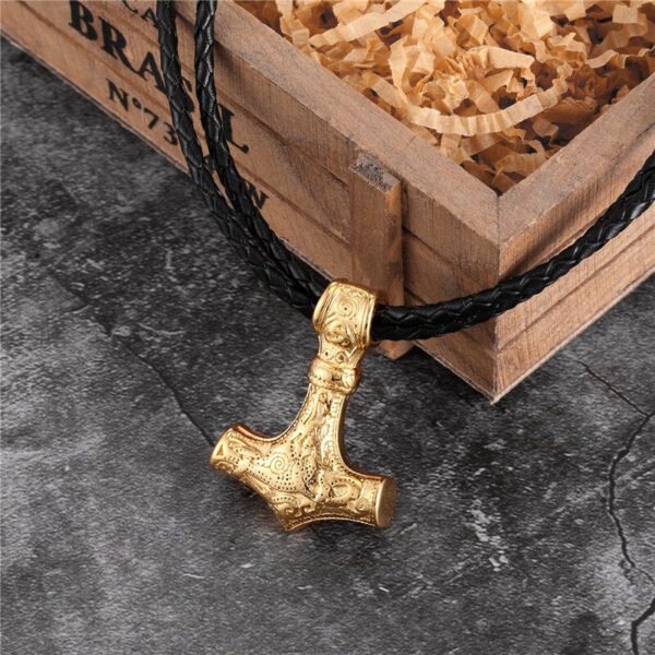 Viking Odin Hammer Anchor Norse Amulet Necklace Gold Genuine Leather Rope Chain Stainless steel Mjolnir Pendant Men Punk Jewelry