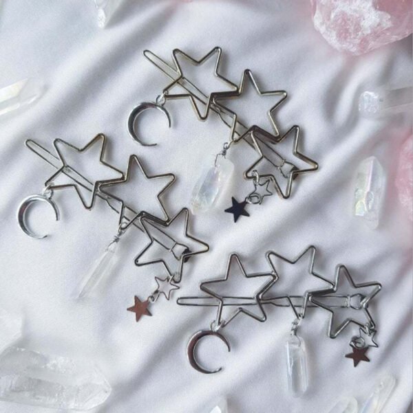 Hollow star moon natural colorful white crystal raw crystal pendant one word hairpin gift