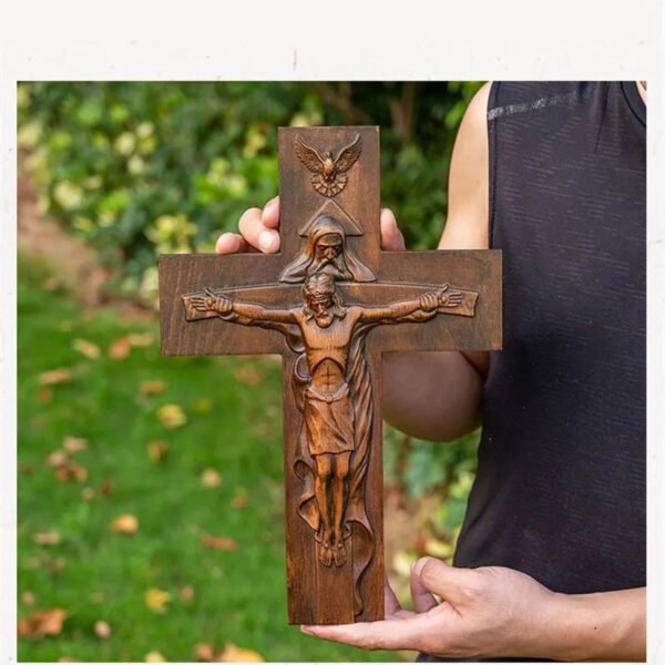 Holy Bible Trinity Cross Beech Christ Carving Wood Church Fater And Son Statue Wall Decor Christmas Figures