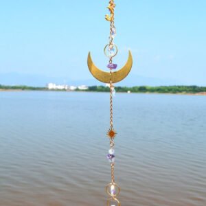 Home decoration golden Sunlight Catcher K9 crystal moon wind chimes raw amethyst doors and windows car pendant gift