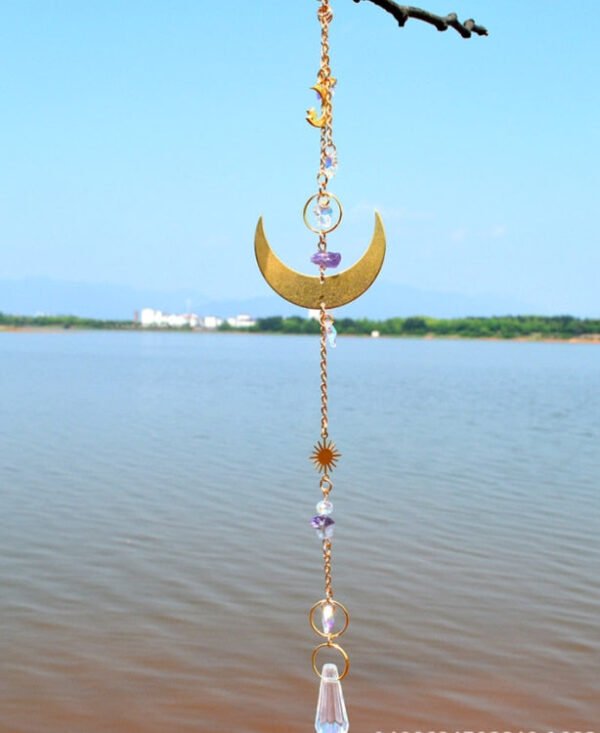 Home decoration golden Sunlight Catcher K9 crystal moon wind chimes raw amethyst doors and windows car pendant gift