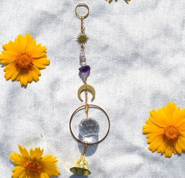 Home decoration pendant golden Sunlight Catcher K9 crystal ball moon wind chime raw amethyst doors and windows car pendant gift