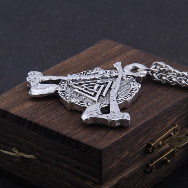 Iron Color Viking axe and Odin Rune Necklace with Stainless Steel Chain As Men Gift and wooden box