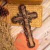 Jesus Christ crucified, wooden cross with baptismal statue, catholic cross, wall cross, religious saint image