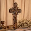 Jesus Christ crucified, wooden cross with baptismal statue, catholic cross, wall cross, religious saint image